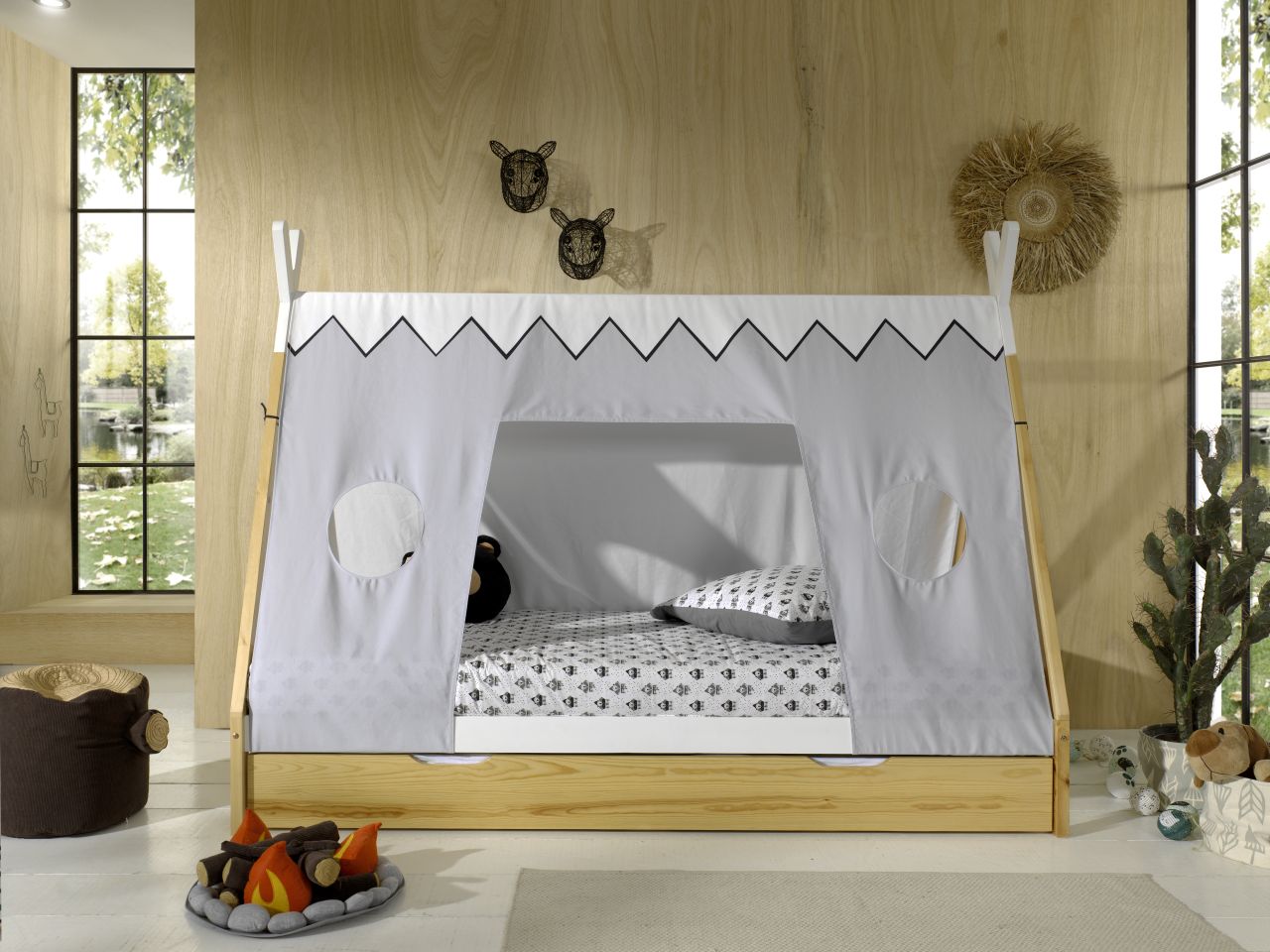 Tipi Bett mit Textilzeltdach Lattenrost Bettschublade 90x200 Kinderbett Zelt