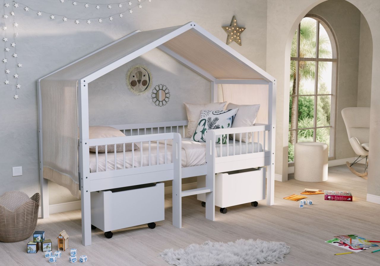 Halbhohes Hausbett Leiter Lattenrost 90x200 Rollboxen Himmel Buche massiv weiß