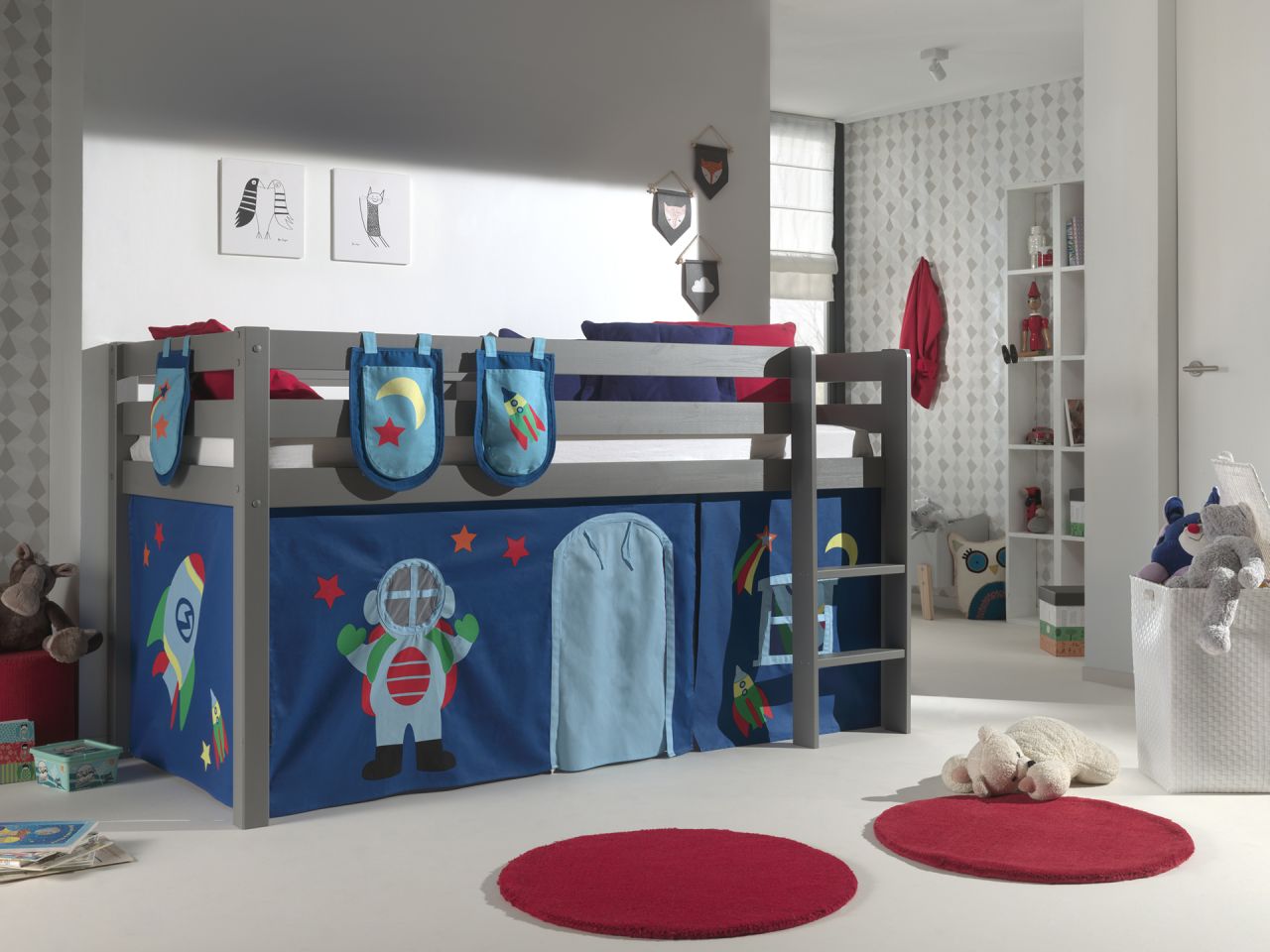 Vipack:Spielbett 'Pino' +Textilset+Taschen- Jugend/Kinderbett Hochbett Grau