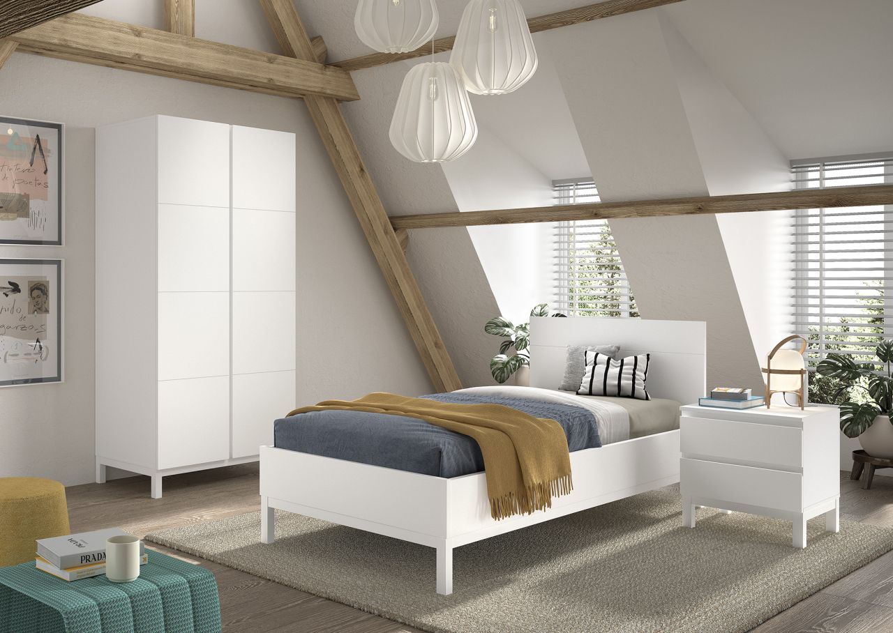 Set Einzelbett 90x200 Nachtkommode Schrank 2T Jugendzimmer Kinderzimmer Weiß