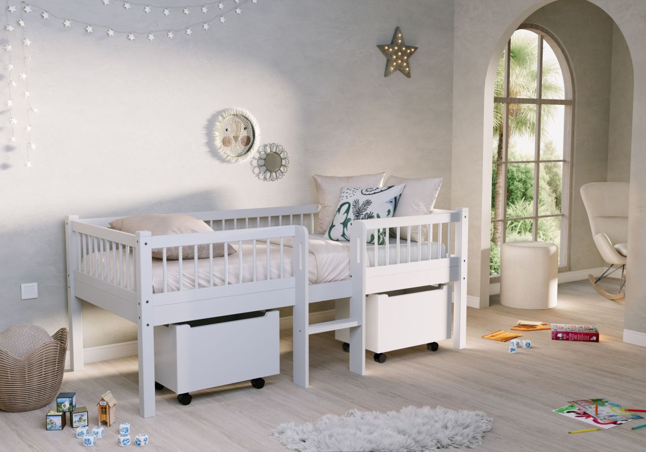 Junior-Spielbett Höhe 85 Leiter Rollboxen Lattenrost 90x200 Buche massiv weiß