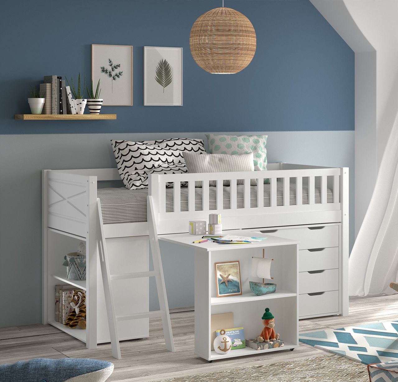 halbhohes Funktionsbett 90x200 Spielbett Jugendbett Schreibtisch Regal Kommode