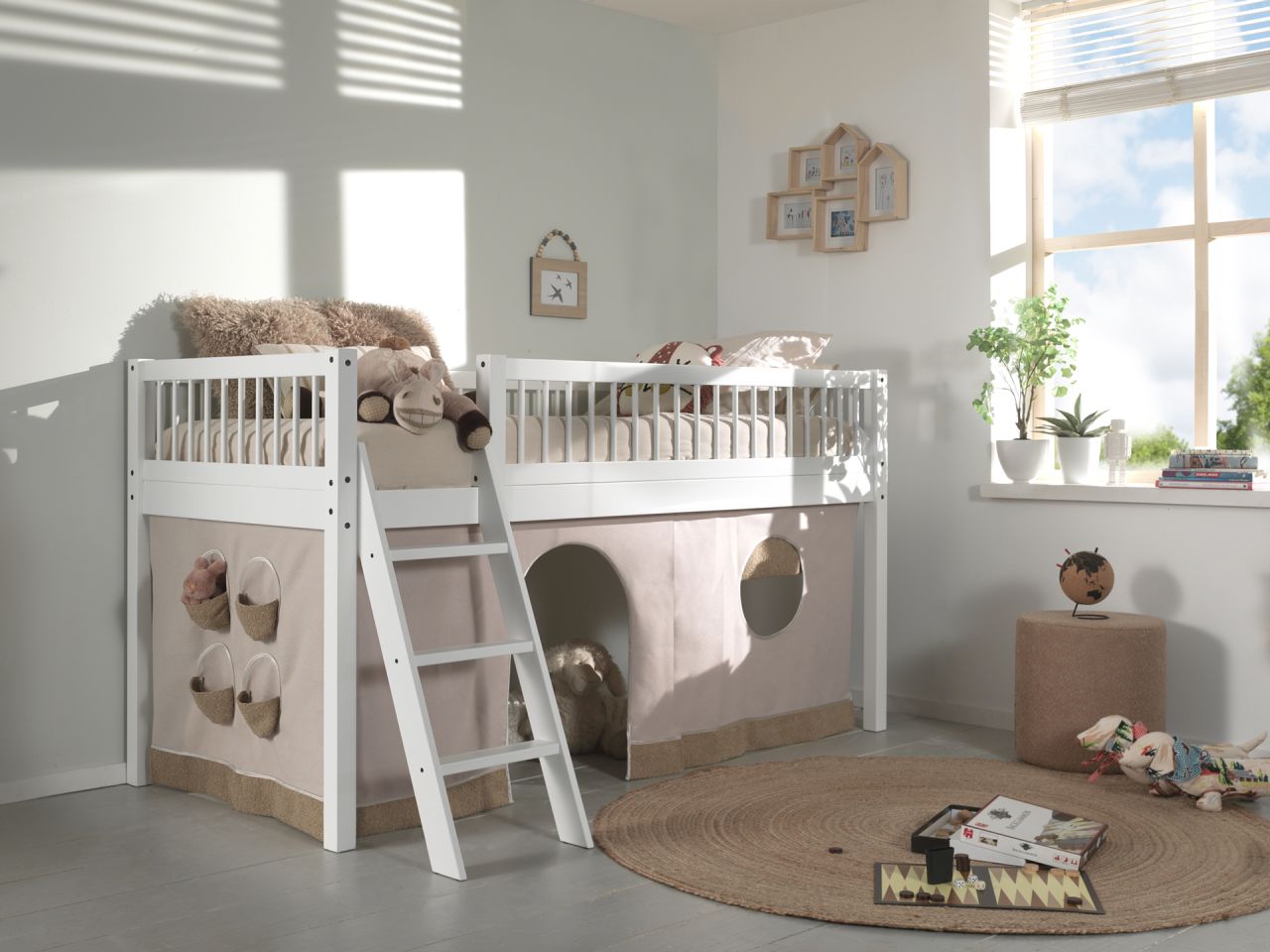 Halbhohes Bett Kinderbett 90x200 Vorhangset Lattenrost Spielbett Buche massiv...