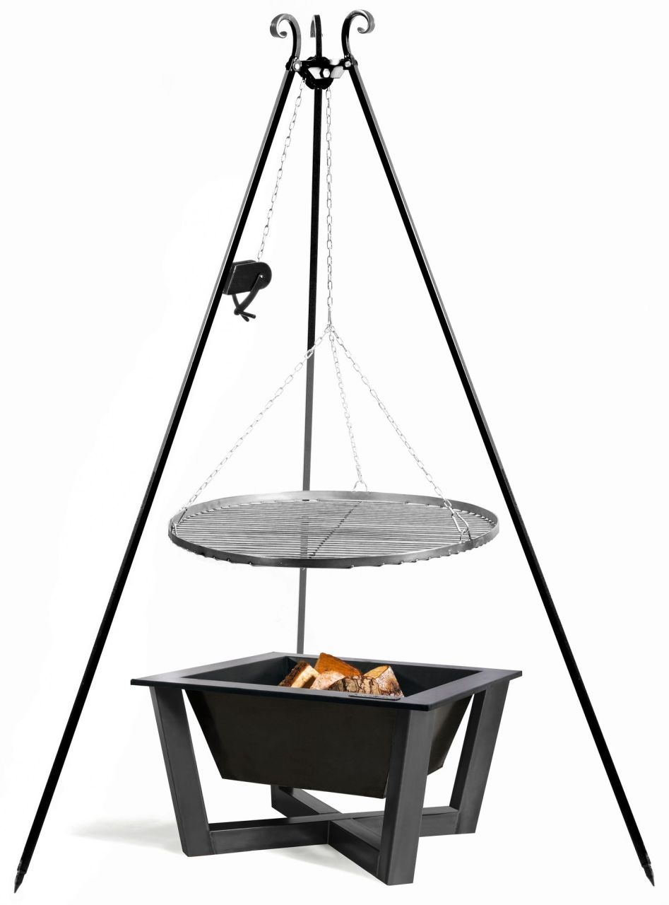 Set: Dreibein 180 mit Kurbel+ Feuerschale 70x70+ Edelstahlrost Ø 70- Stahl