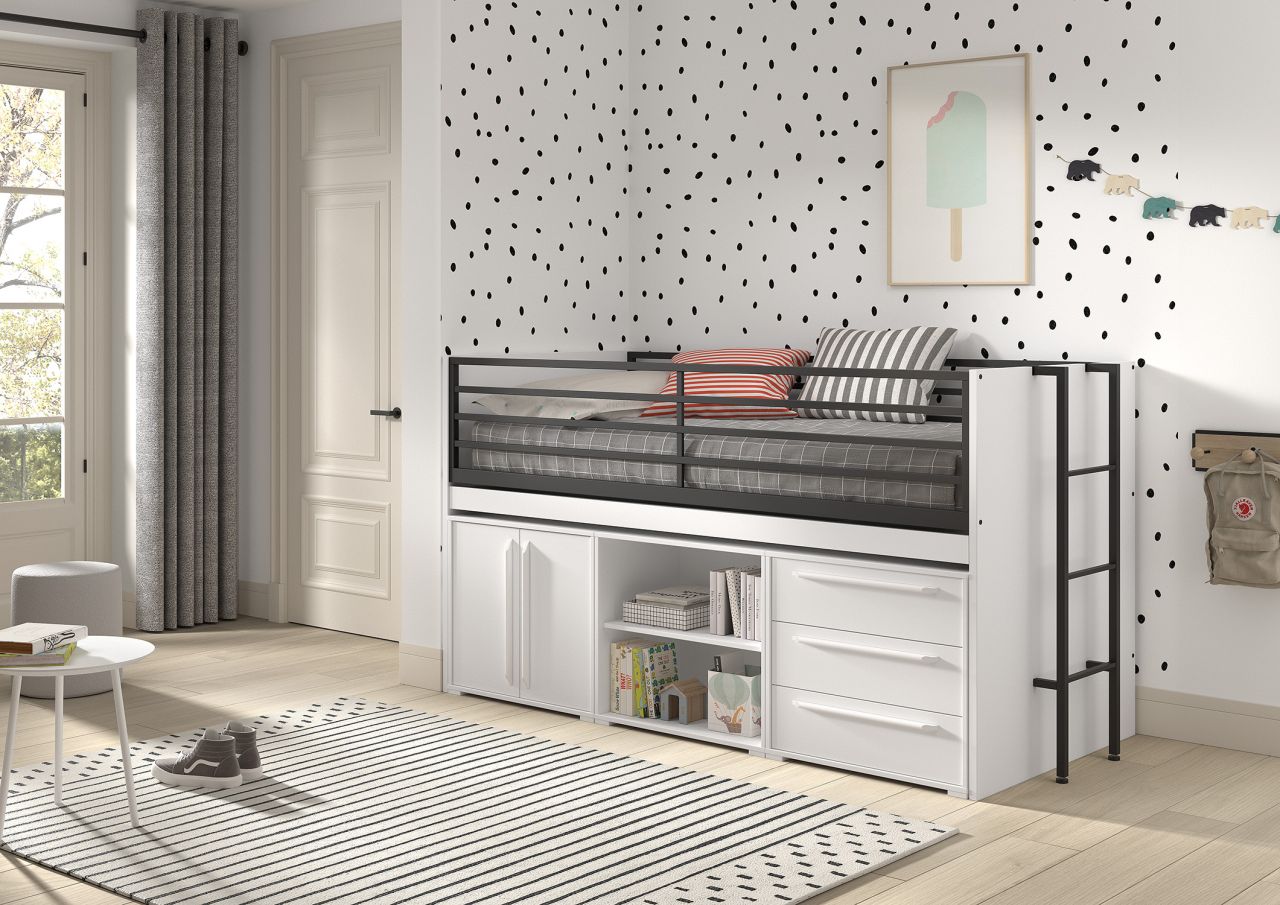 Funktionsbett 90x200 Schreibplatte Regal 2 Kommoden Halbhochbett Spielbett Weiß