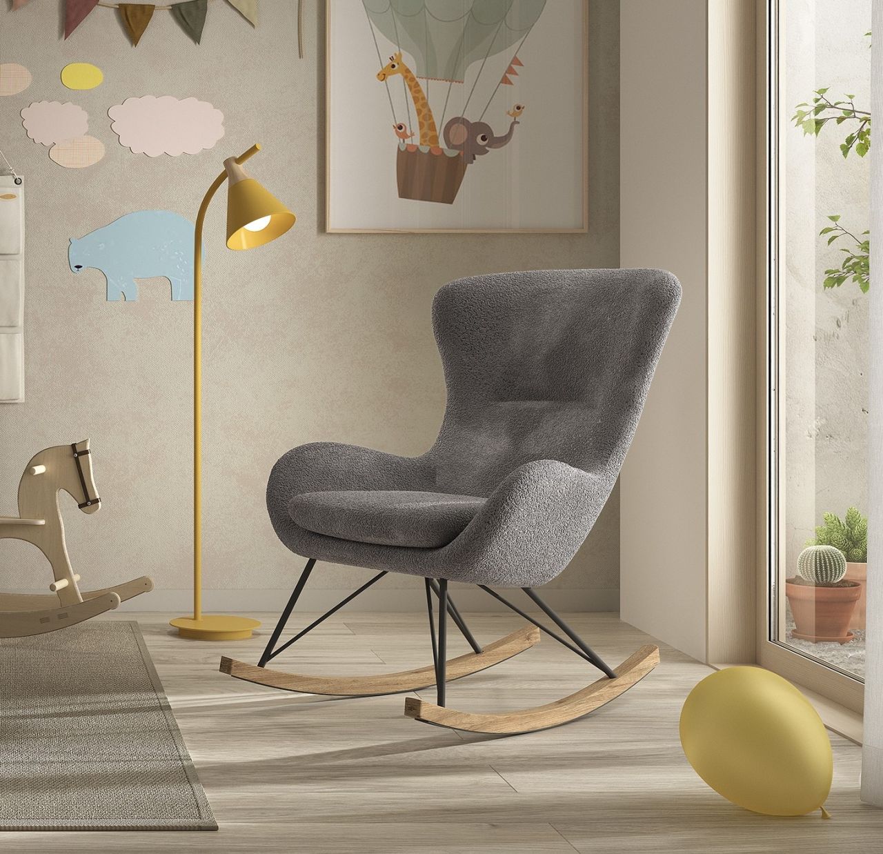 Schaukelstuhl Sessel Massivholzkufen hochwertige Polsterung - Bouclé Anthrazit