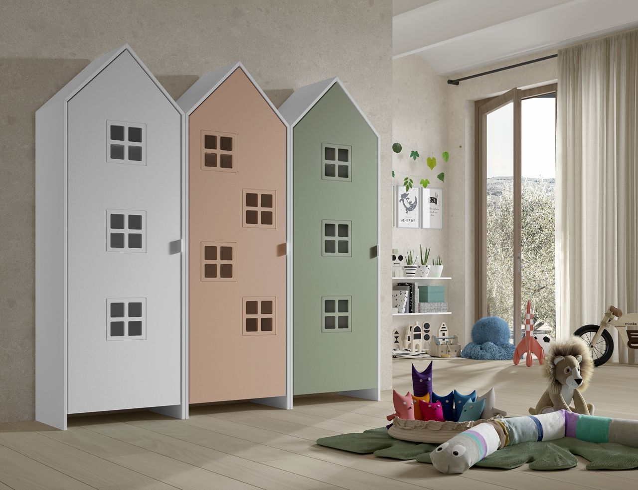 Set: 3 Schränke 1T CASAMI BRUGES Jugendschrank Wäscheschrank Weiß Pink Grün