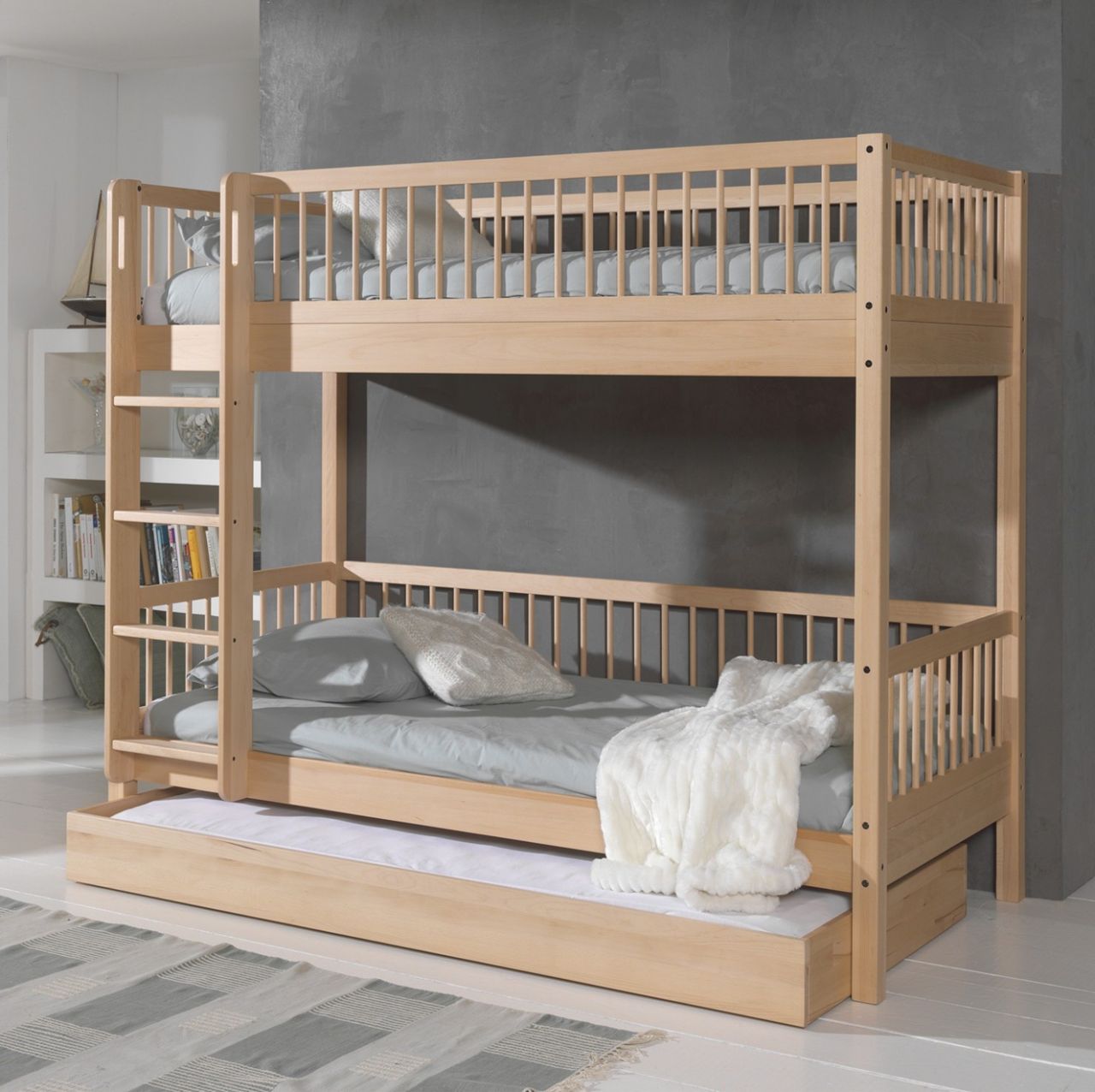 Etagenbett 90x200 mit Bettschublade Buche massiv natur Jugendbett Hochbett