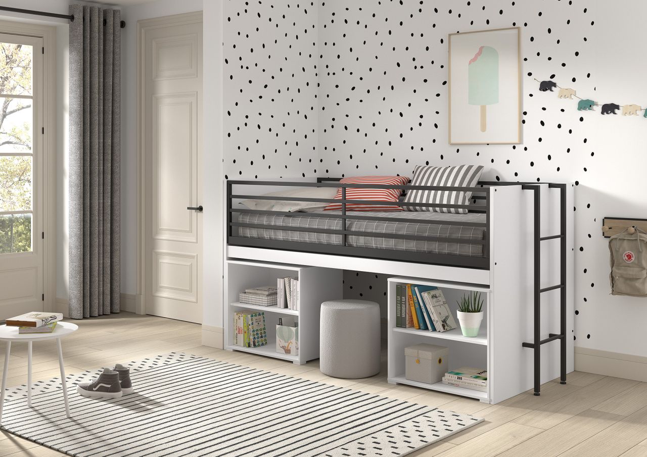 Funktionsbett 90x200 Schreibplatte Regale Halbhochbett Spielbett Jugendbett Weiß