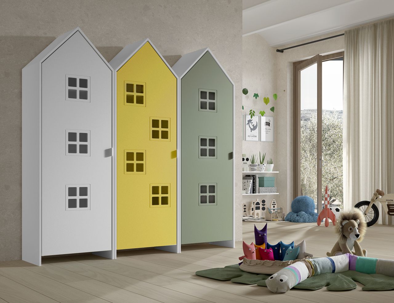 Set: 3 Schränke 1T CASAMI BRUGES Jugendschrank Wäscheschrank Weiß Grün Gelb