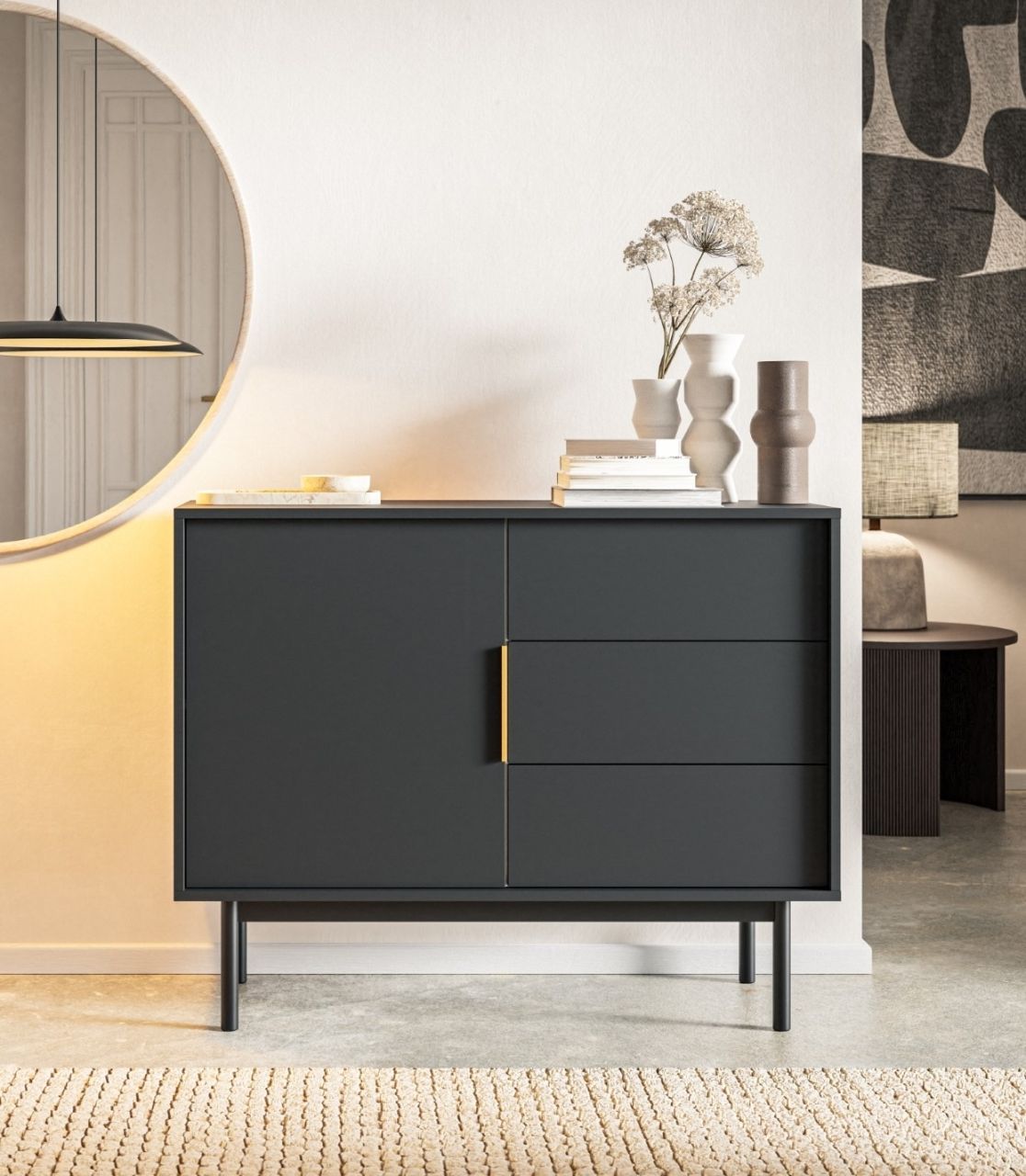 Sideboard Kommode 1T/3S Kommode Anrichte Wohnmöbel Schrank Schwarz