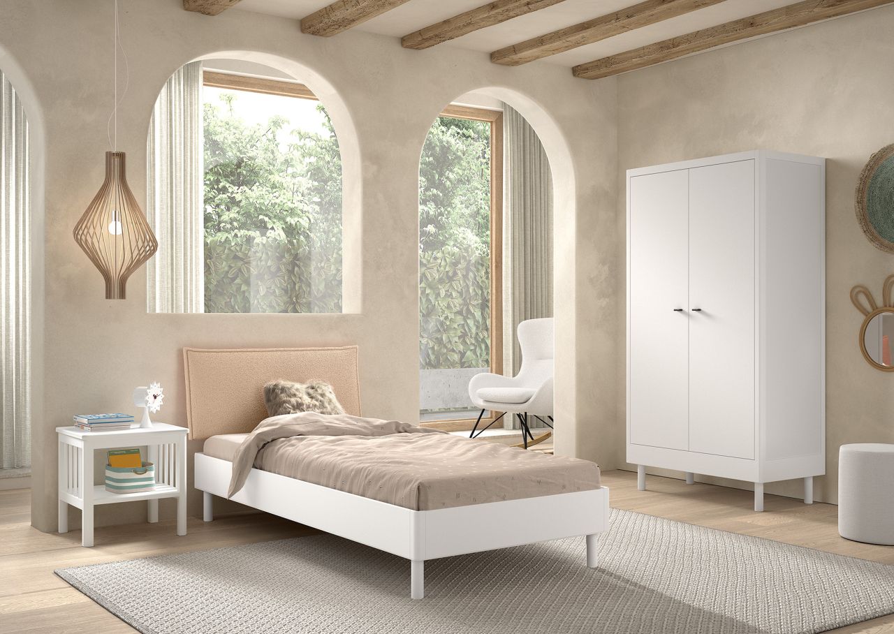 Set Futonbett Schrank 2T Nachtkonsole Lattenrost Buche massiv Weiß lackiert