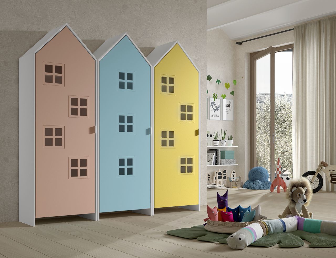 Set: 3 Schränke 1T CASAMI BRUGES Jugendschrank Wäscheschrank Weiß Blau Pink Gelb