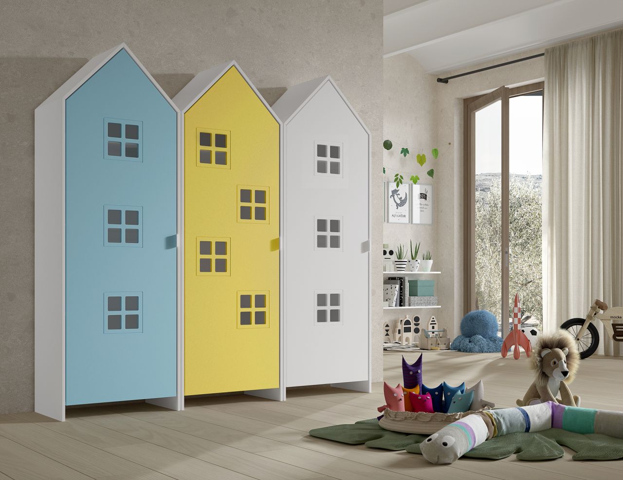 Set: 3 Schränke 1T CASAMI BRUGES Jugendschrank Wäscheschrank Weiß Blau Gelb