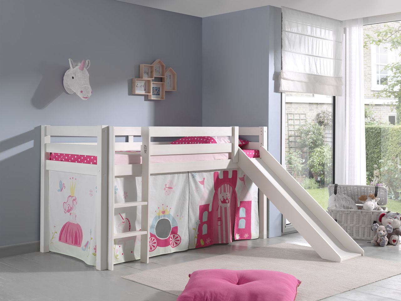 Spielbett Hochbett Kinderbett 90x200 Rutsche Vorhang Prinzessin Weiß Rosa Holz