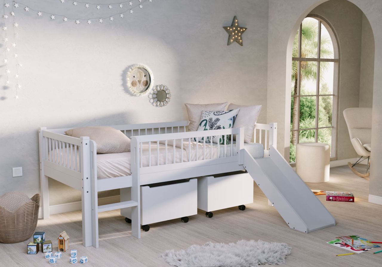 Junior-Spielbett Höhe 85 Leiter Rutsche Box Lattenrost 90x200 Buche massiv weiß