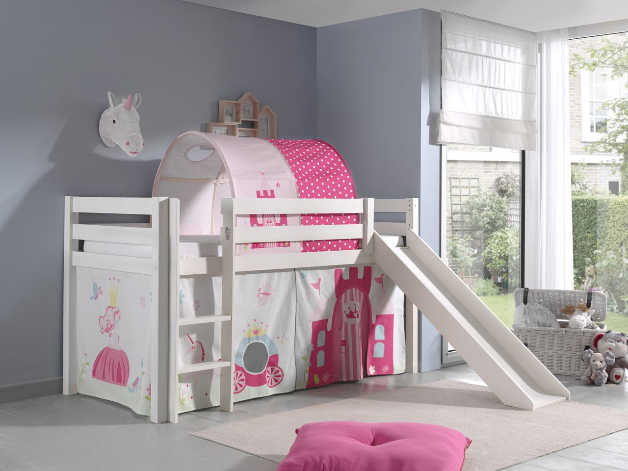 Spielbett Hochbett Kinderbett 90x200 Rutsche Vorhang Prinzessin Weiß Rosa Tunnel