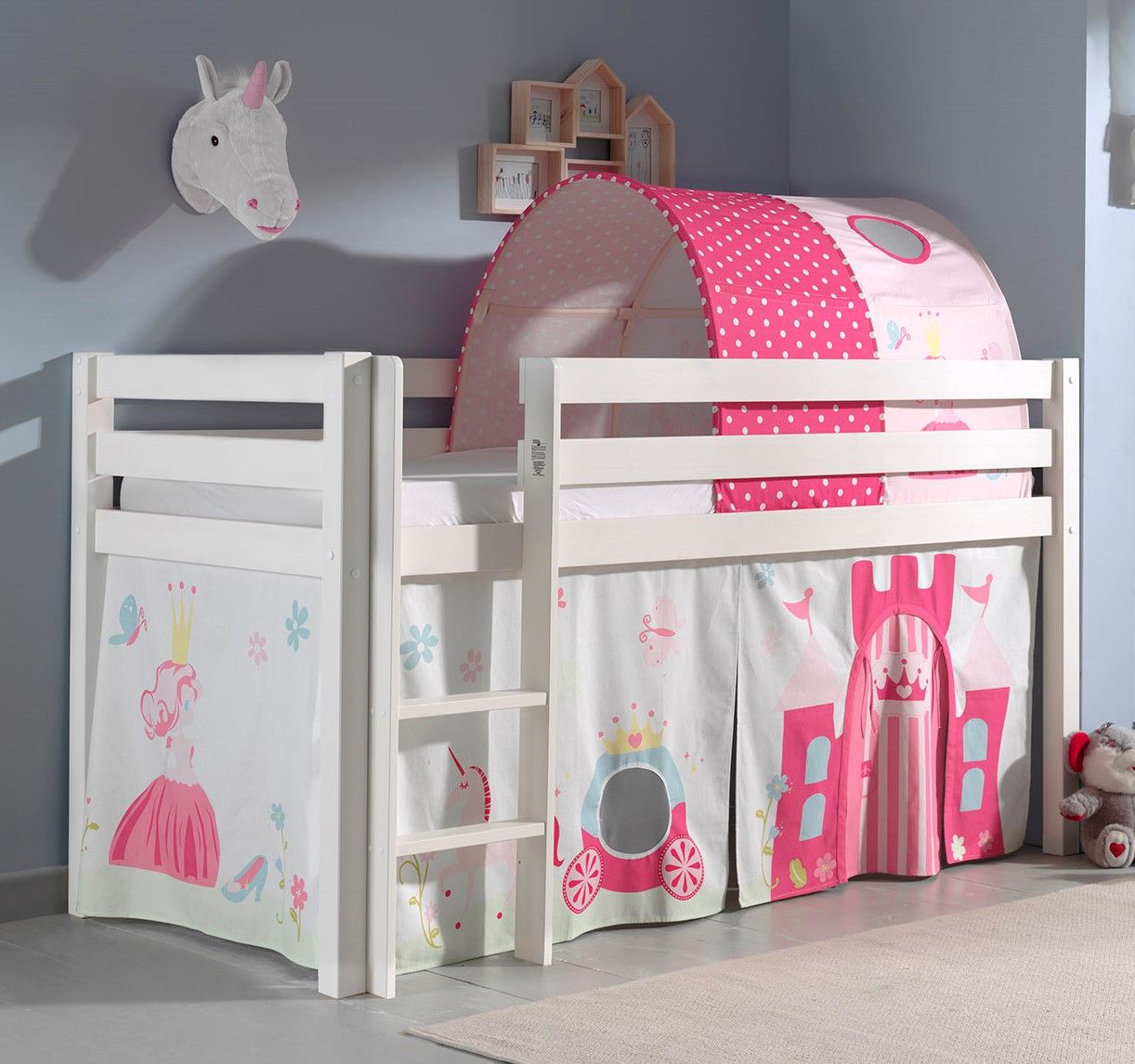 Spielbett Hochbett Kinderbett 90x200 Vorhang Prinzessin Rosa Tunnel Weiß Holz