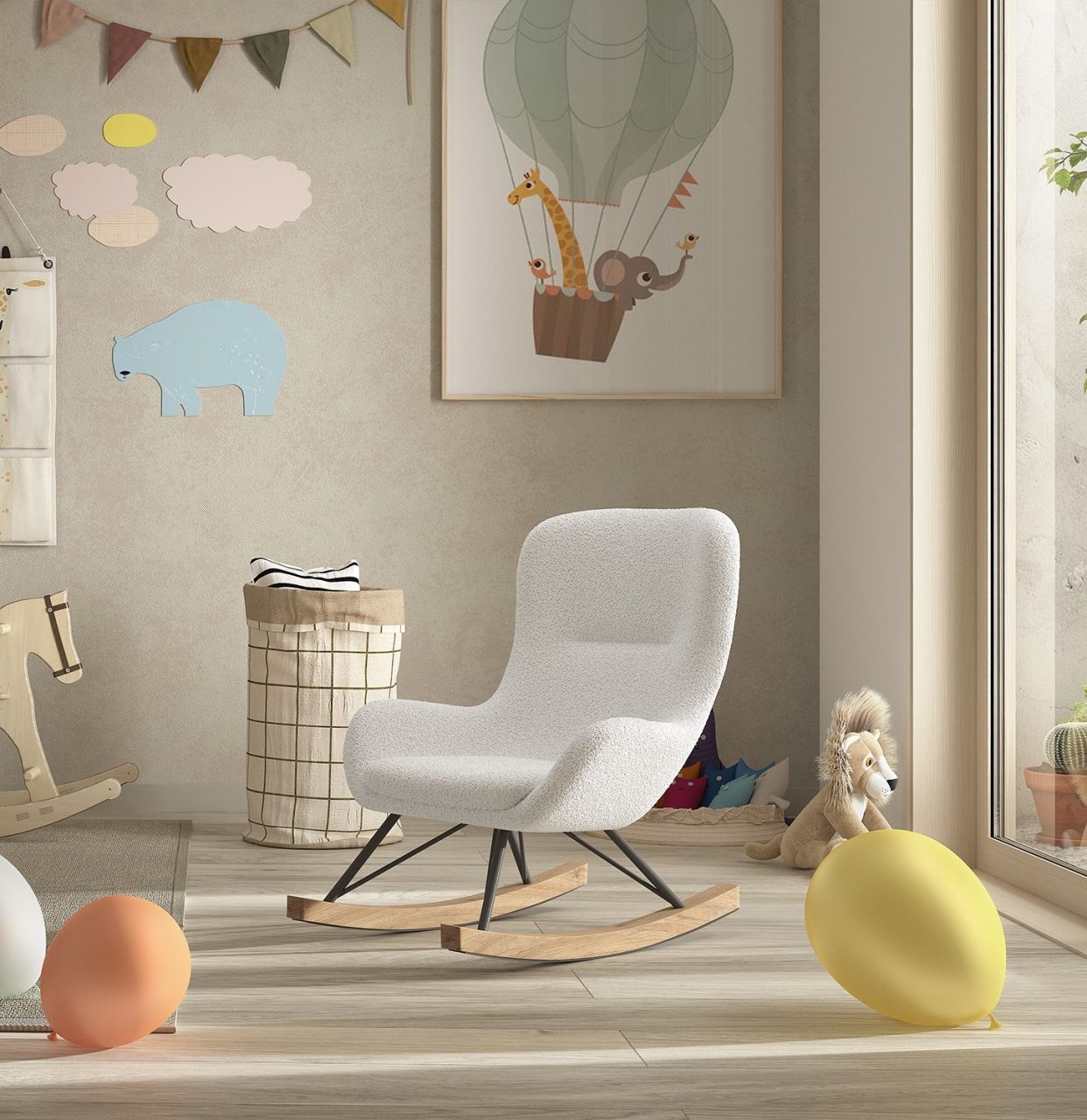 Kinder-Schaukelstuhl Massivholzkufen hochwertige Polsterung - Bouclé Creme-Weiß