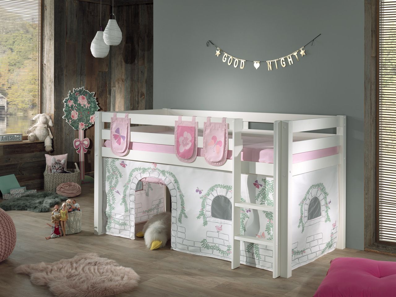 Vipack: 'PINO' Spielbett / Hochbett 90x200 mit Vorhang +Taschen 'Birdy' - Massiv
