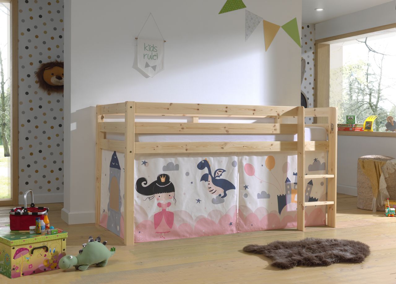 Vipack:'Pino' Halbhohes Bett mit Textilset 'Princess Sophie'-Natur