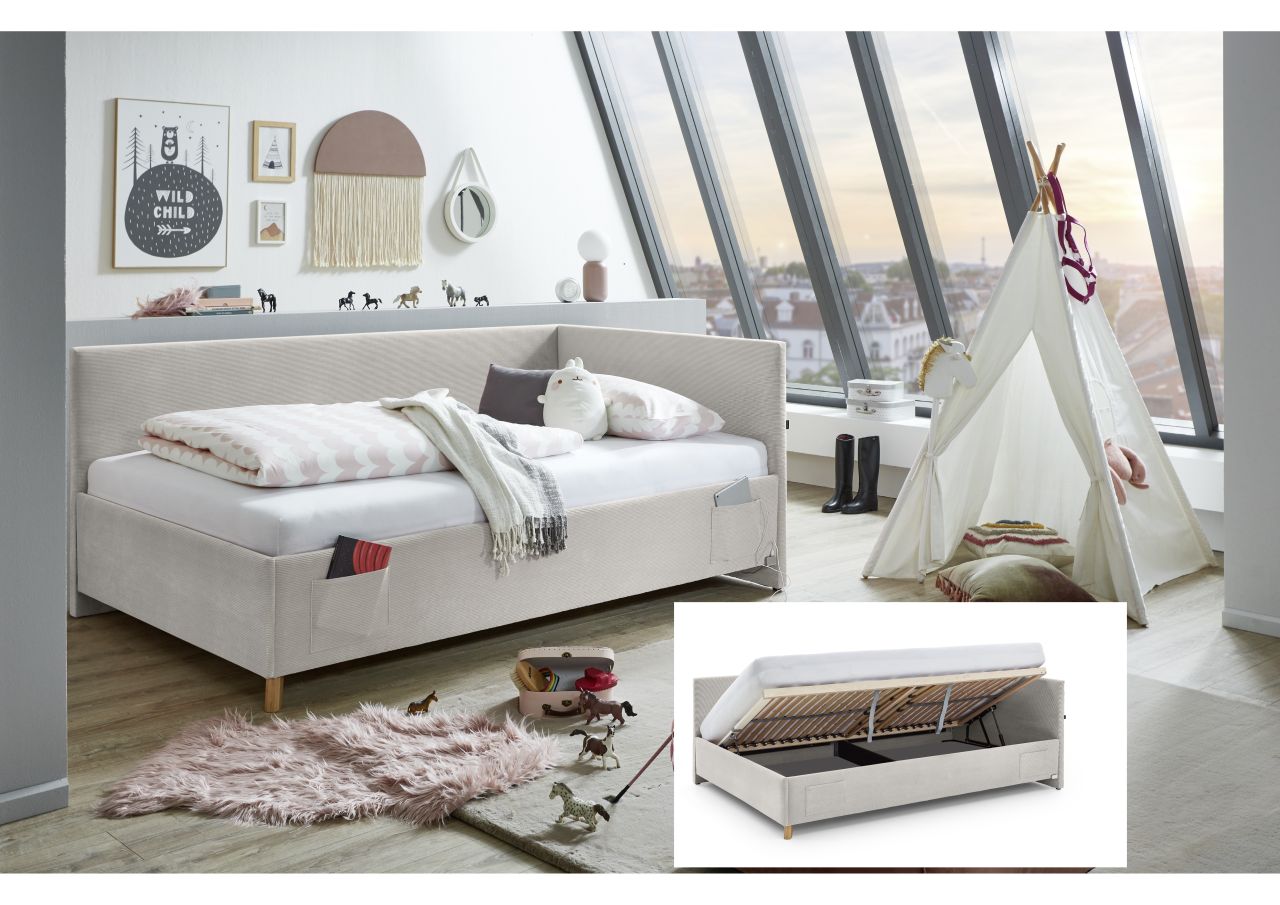 Polsterbett in 3 Größen Lattenrost Rückenteil Bettkasten USB Jugendbett Nata