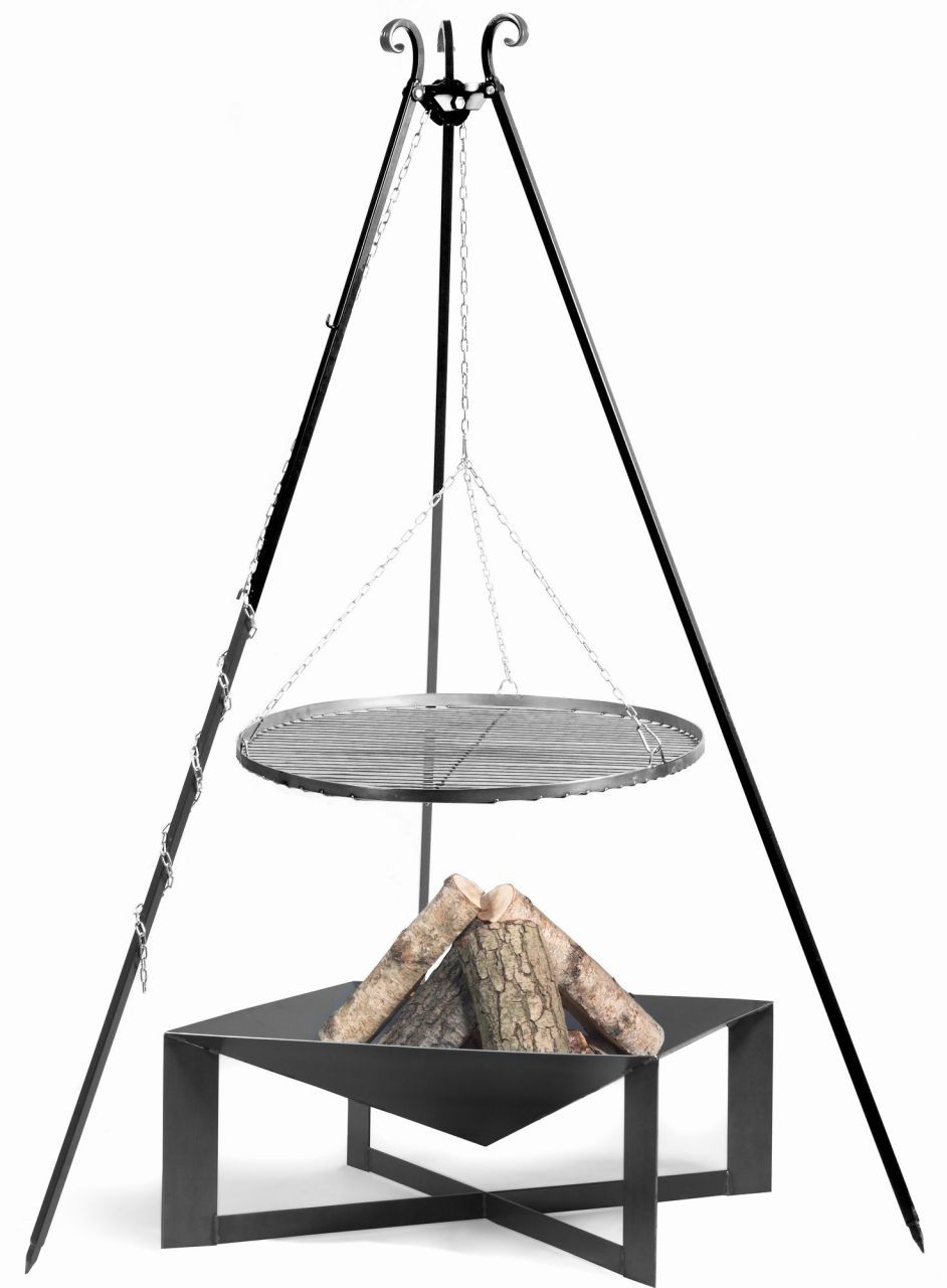 Set: Dreibein 180+ Feuerschale 70x70+ Edelstahlrost Ø 70- Schwenkgrill Grill-...