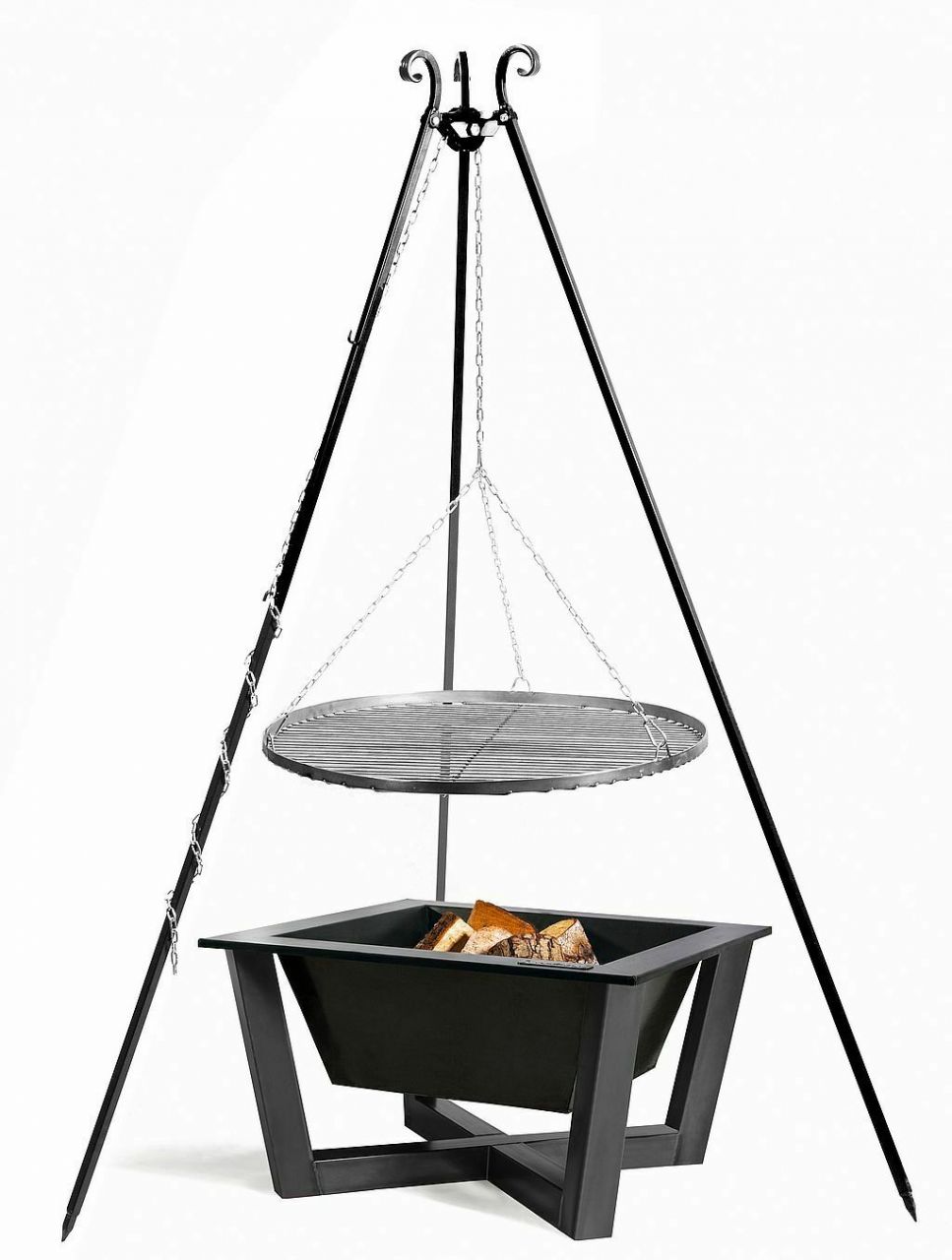 Dreibein Schwenkgrill Rostgröße 70 cm und Feuerschale 70 x 70 cm im Set - Stahl