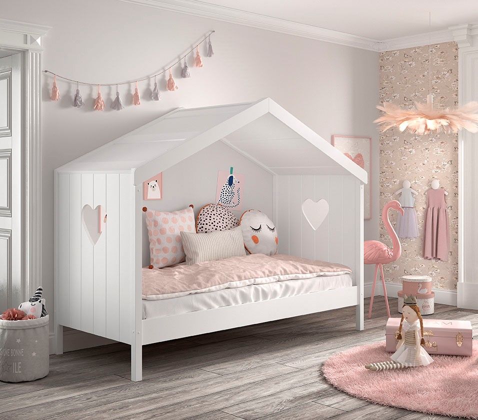 Hausbett 90x200 Kinderbett Holzbett Einzelbett Lattenrost Herz Himmelbett Weiß