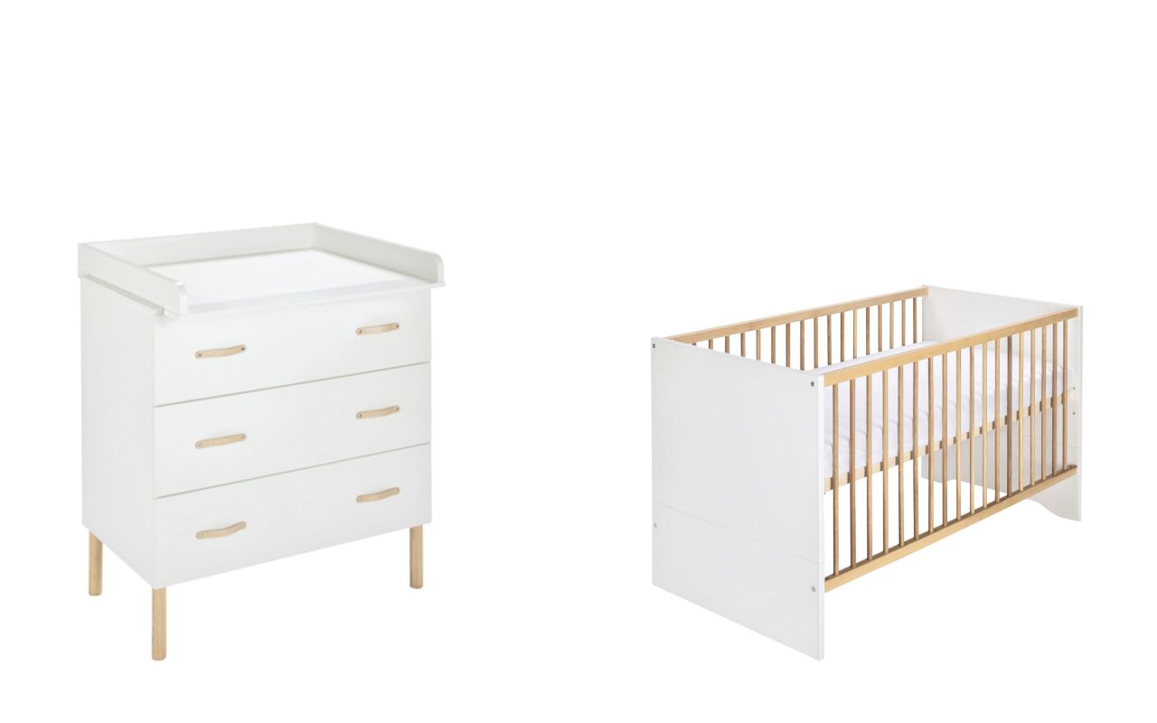 Set: Kinderbett 70x140+Wickelkommode+Umbauseiten-Baby-/ Kinderzimmer-Weiß/Natur