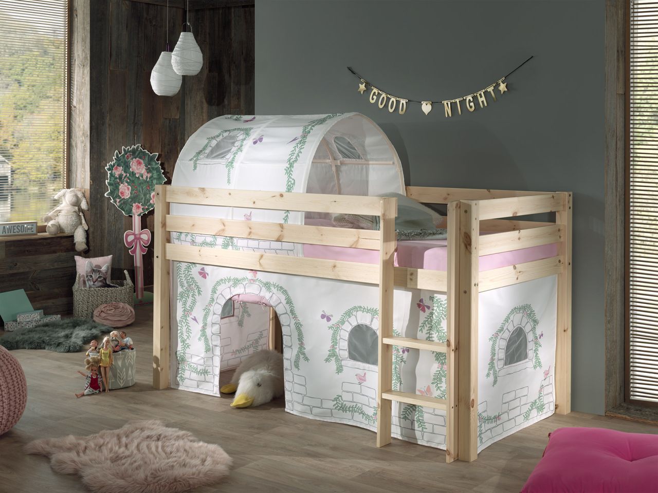 Vipack PINO Spielbett / Hochbett 90x200 mit Vorhang+Tunnel 'Birdy' Massiv Natur