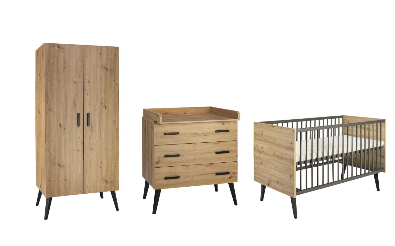 Set Kinderbett Umbauseiten Wickelkommode Schrank 2T Babyzimmer Kinderzimmer Oak