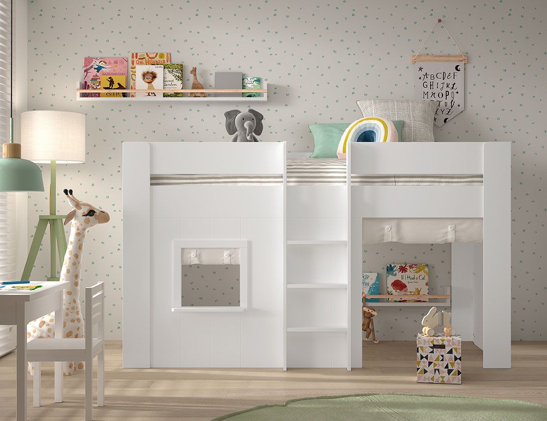 Set halbhohes Spielbett 90x200 Lattenrost Vorhang Hausbett Hüttenbett Kinderbett