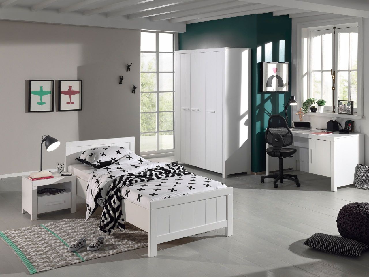 Vipack: Set 'ERIK' mit Bett + Nachtkonsole + Kleiderschrank + Schreibtisch -Weiß