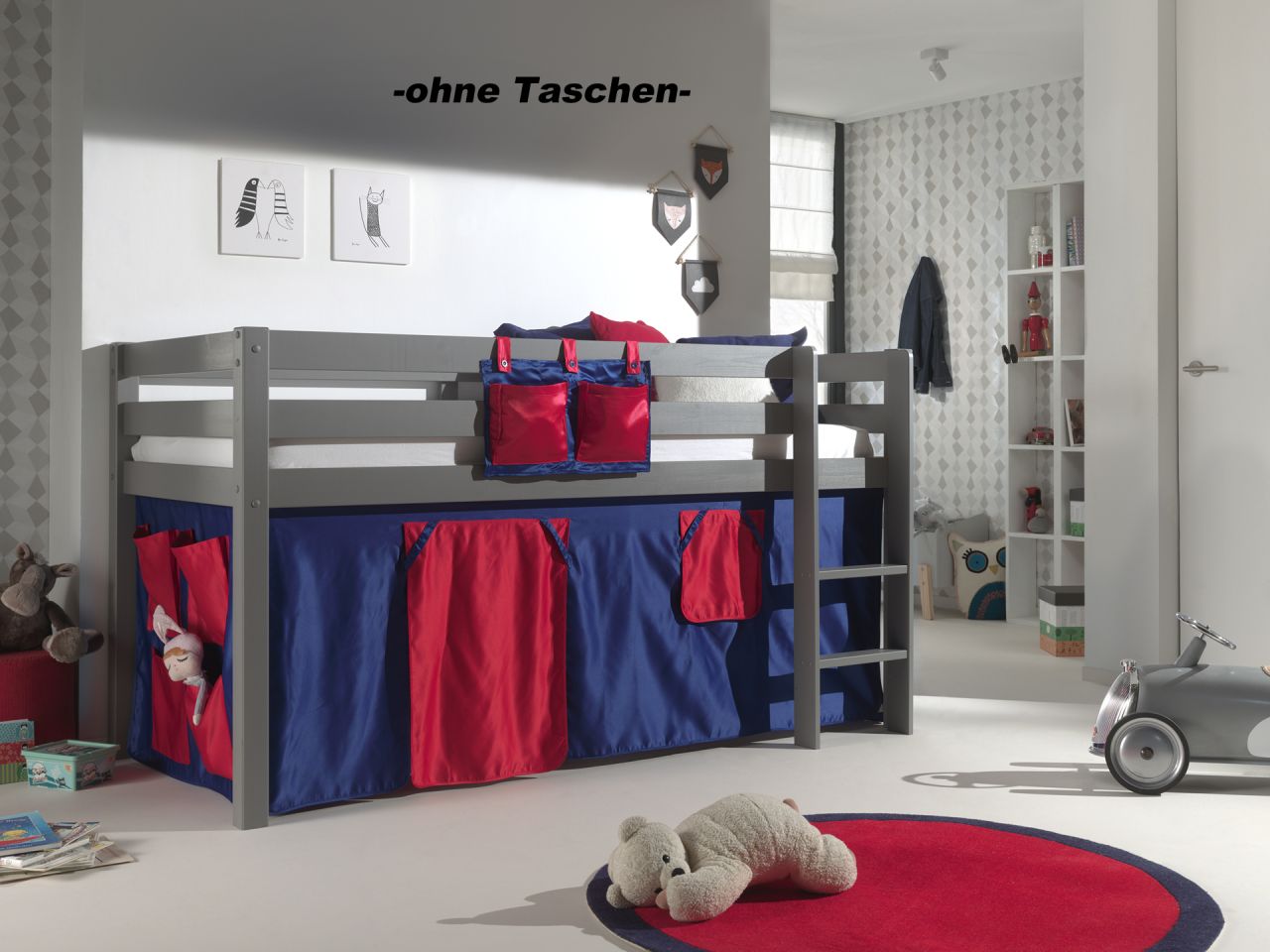 Set Spielbett Textilset 90x200 Kinderbett Lattenrost Hochbett Pino Vorhang rot