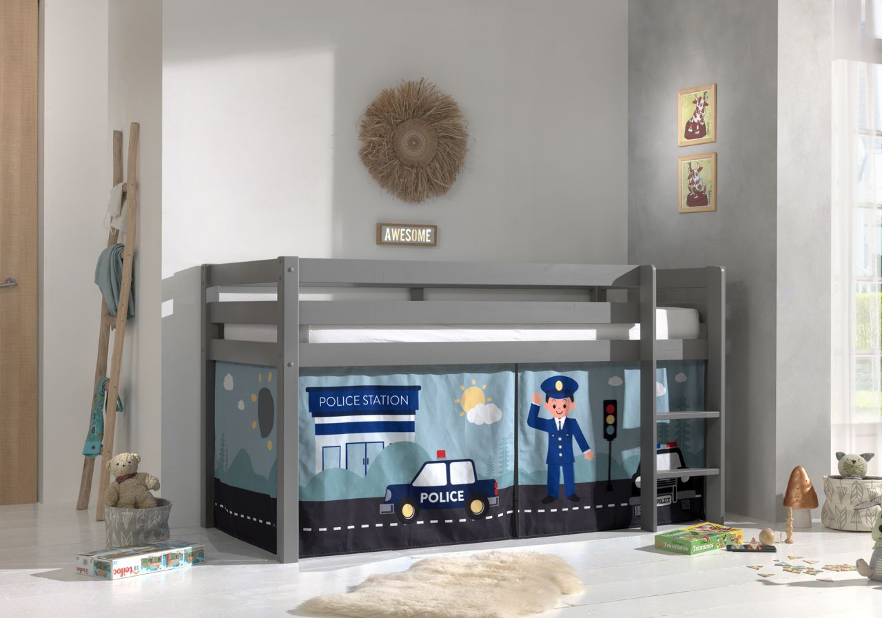 Vipack:'Pino' Halbhohes Bett mit Textilset 'Police'-Grau