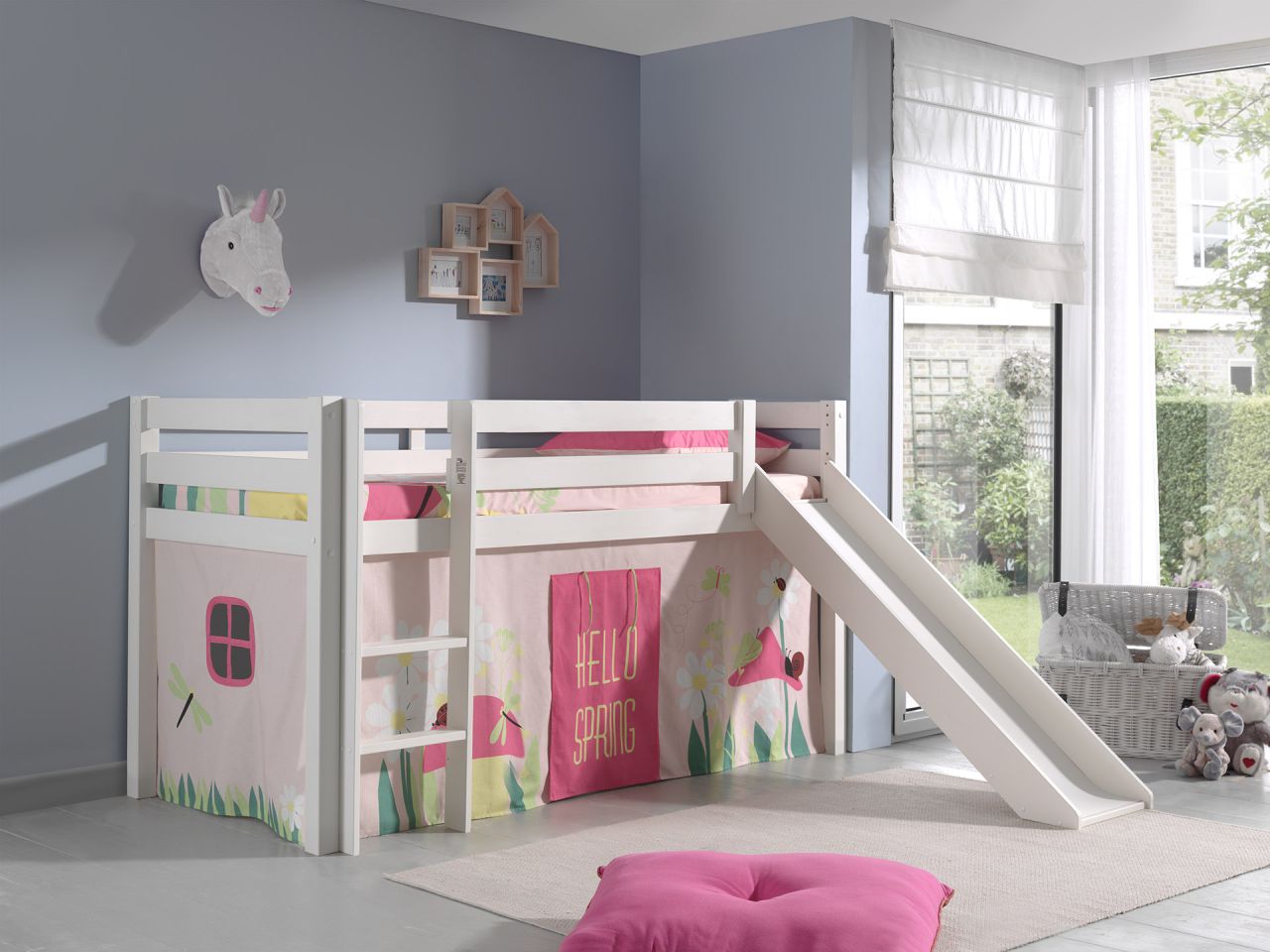 Spielbett Hochbett Kinderbett 90x200 Rutsche Vorhang Rosa Blumen Holzbett Weiß