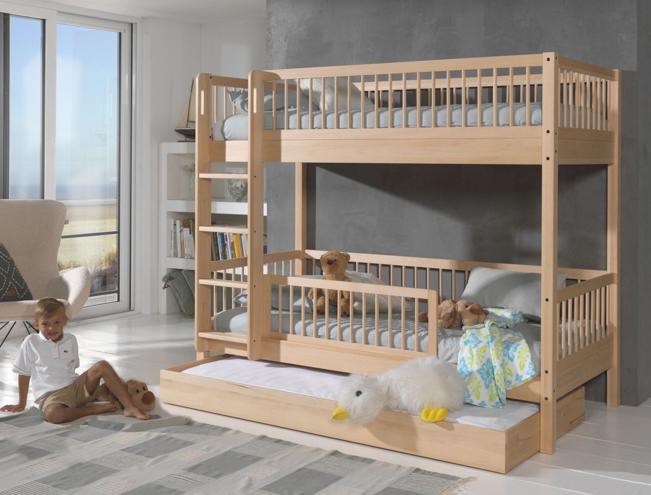 Etagenbett 90x200 Buche massiv Bettschublade Rausfallschutz Jugendbett Hochbett