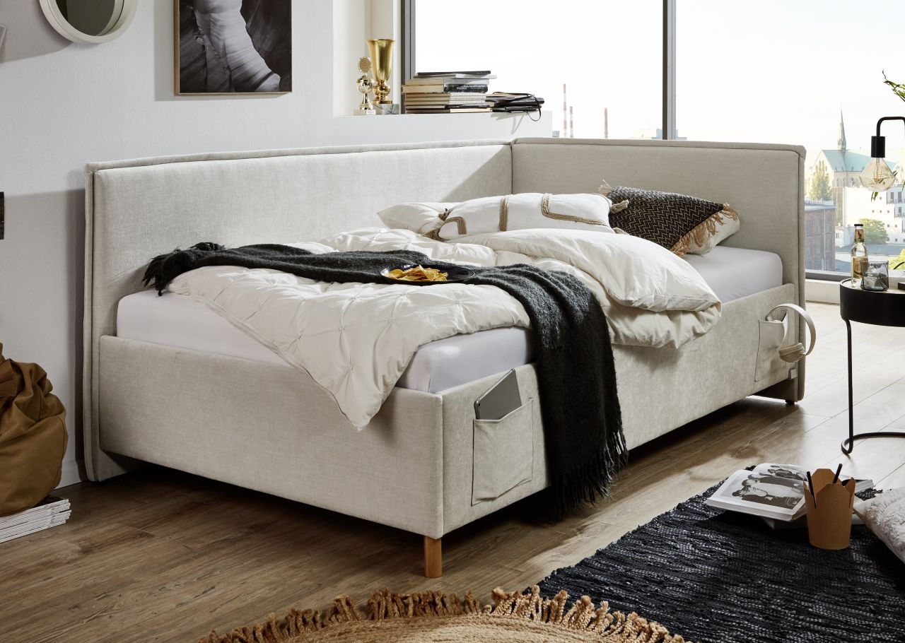 Polsterbett in 3 Größen mit Rückenteil USB-Anschluss Jugendbett Beige