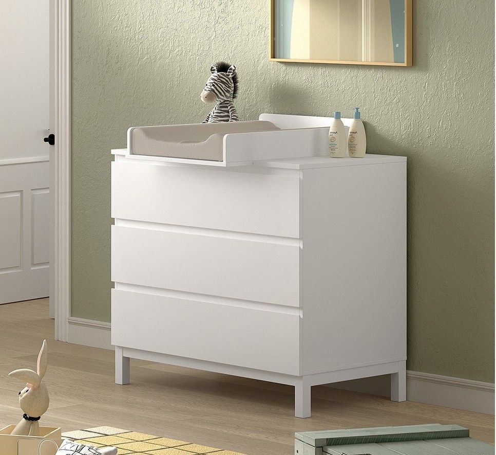 Wickelkommode mit 3 Schubladen und Wickelaufsatz Schubladenkommode Weiß lackiert