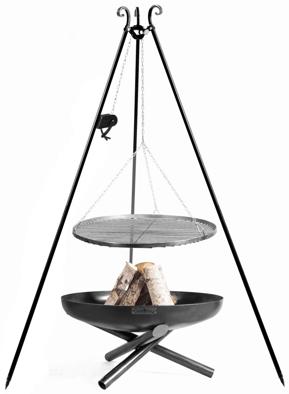 Set: Dreibein mit Kurbel 180+ Feuerschale Ø 60+ Edelstahlrost Ø 50- Stahl