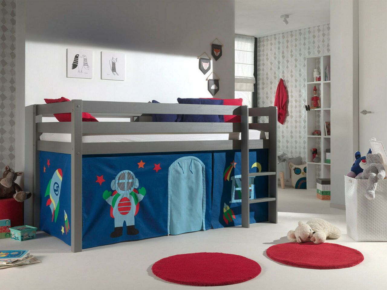 Vipack:Spielbett 'Pino' +Textilset - Jugend/Kinderbett Hochbett Welltall Grau