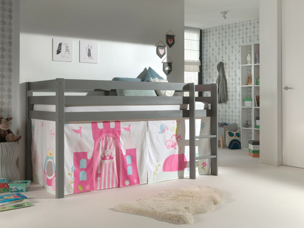 Vipack:Spielbett 'Pino' mit Textilset-Jugend/Kinderbett Hochbett Prinzessin Rosa