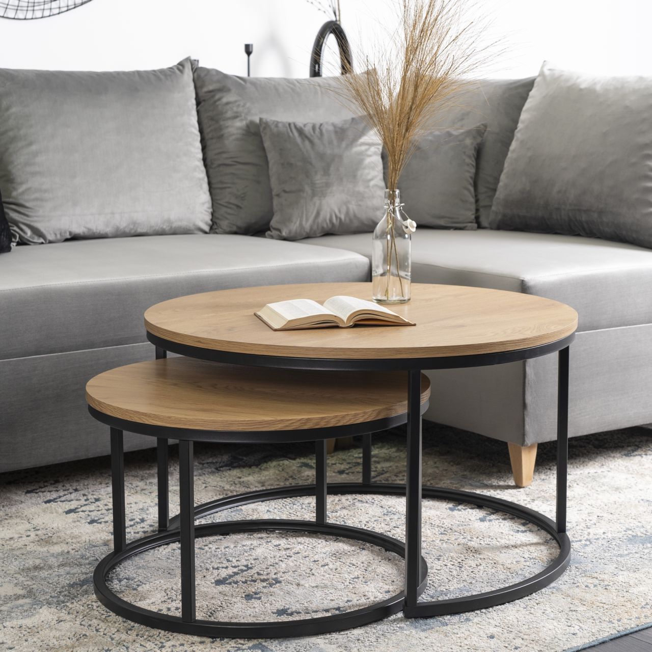 2 Beistelltische Ø 80 und 60 Tischset Couchtisch Ablagetisch Eiche Schwarz