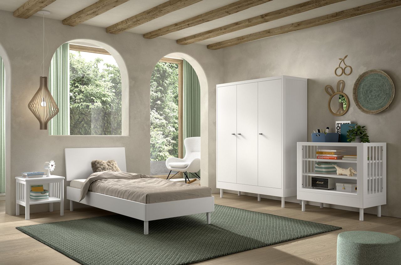 Set Futonbett Lattenrost Schrank 3T Nachtkonsole Regal Buche massiv Weiß