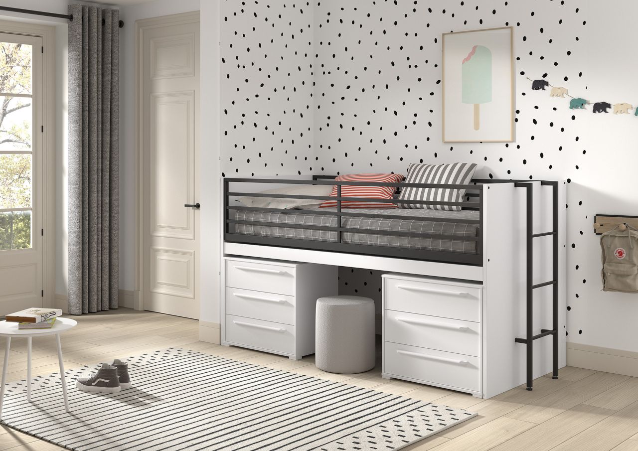 Funktionsbett 90x200 Schreibplatte 2 Kommoden 3S Halbhochbett Spielbett Weiß