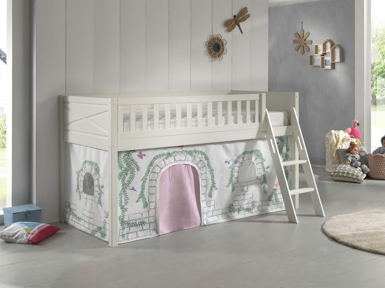 Set Spielbett Vorhang Lattenrost Hochbett Kinderbett 90x200 rosa Prinzessin weiß