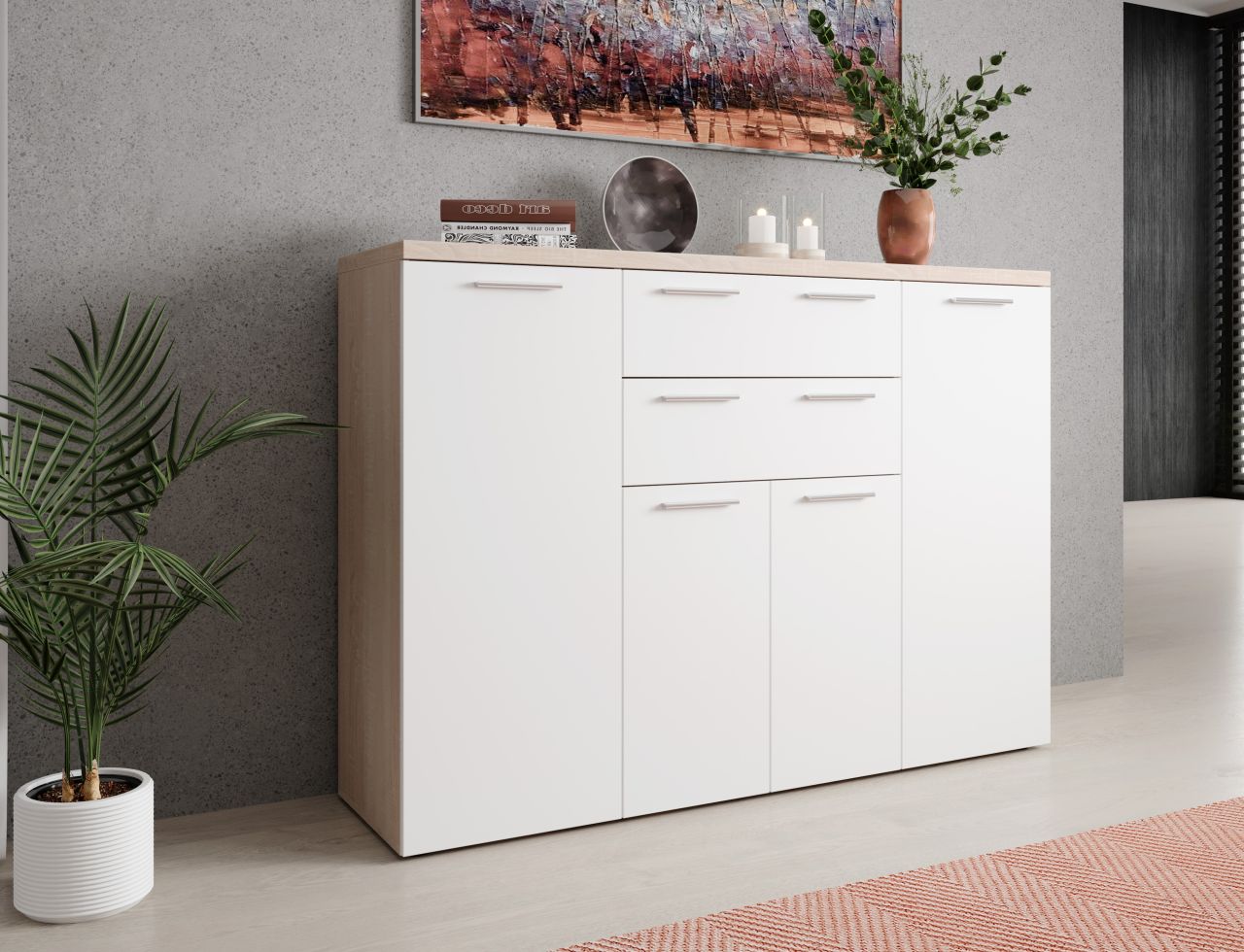 Sideboard Kommode 4T/2S Highboard Anrichte Wohnmöbel Schrank - Sonoma Eiche/Weiß