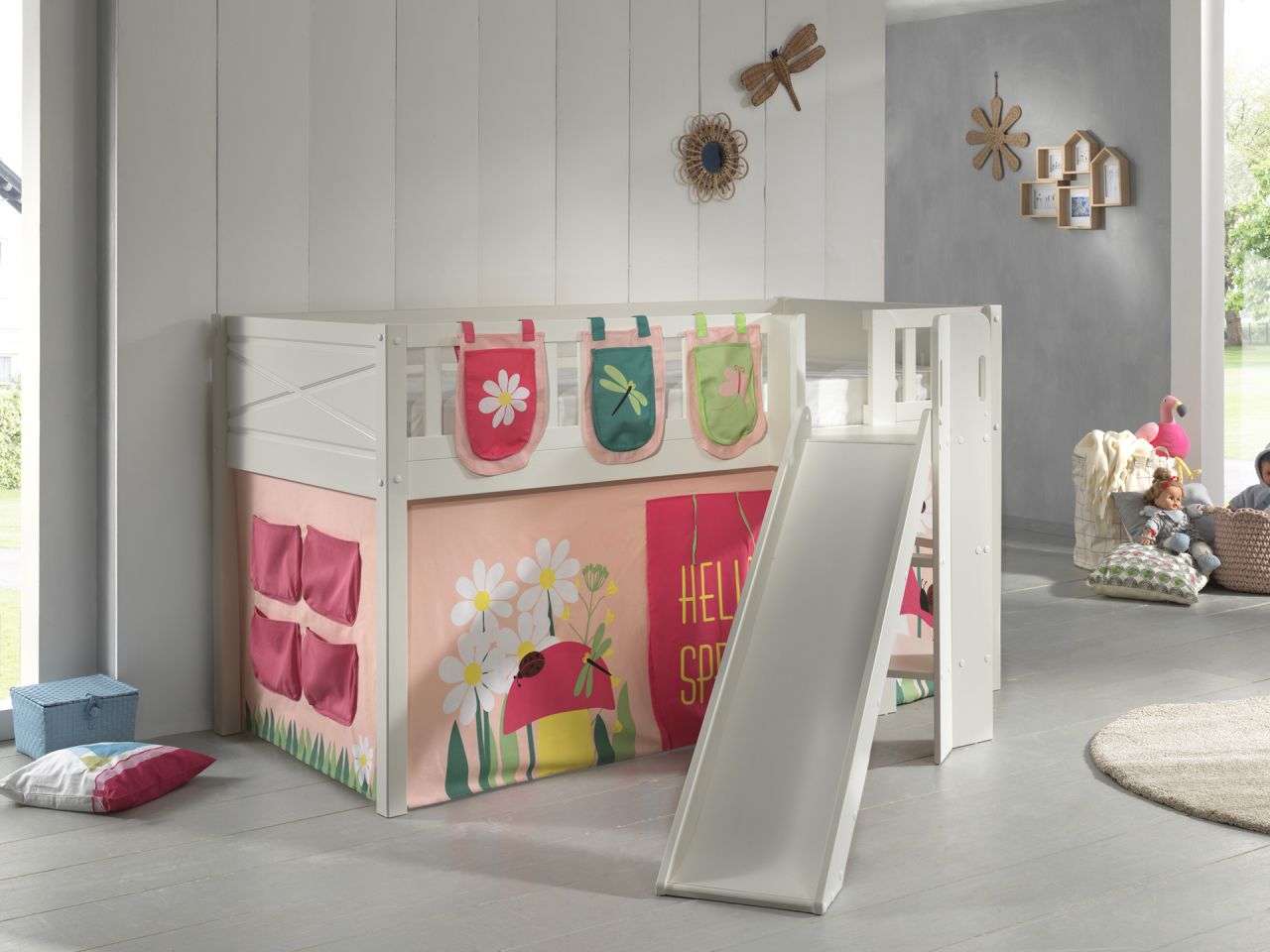 Set Spielbett Rutsche Vorhang Lattenrost Taschen Hochbett Kinderbett 90x200 rosa