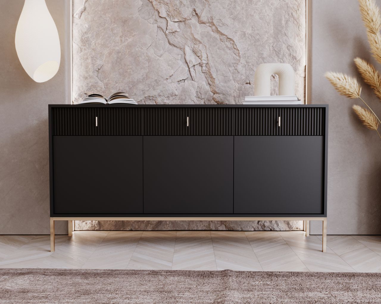 Sideboard Kommode 3T/3S Highboard Anrichte Wohnmöbel Schrank Schwarz Gold